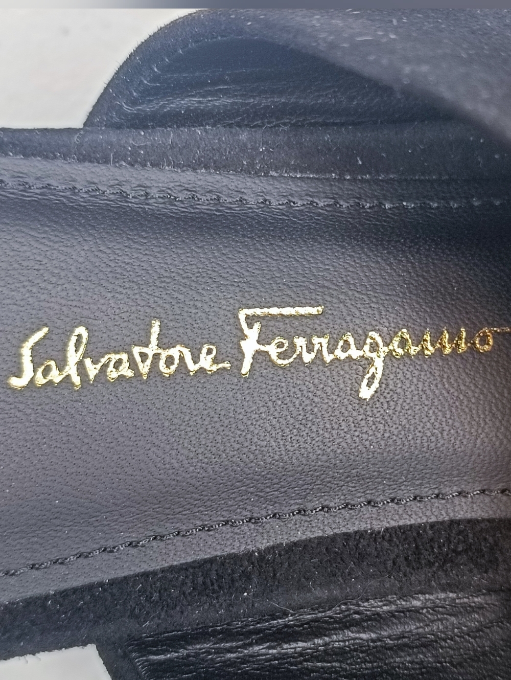 Salvatore Ferragamo Belluno Black Suede Slide Sandals Gold Flower Heel Size 9.5C - Picture 4 of 15